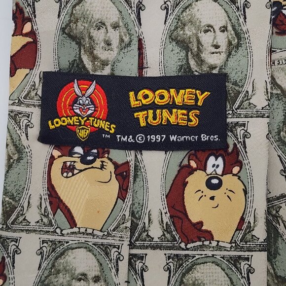 Tasmanian Devil and Money Necktie by Looney Tunes 1997 Green Polyester 57.5" L 3 - Picture 5 of 6